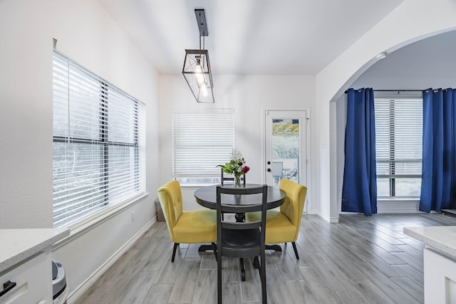 dining room featuring arched walkways, a wealth of natural light, and wood tiled floor