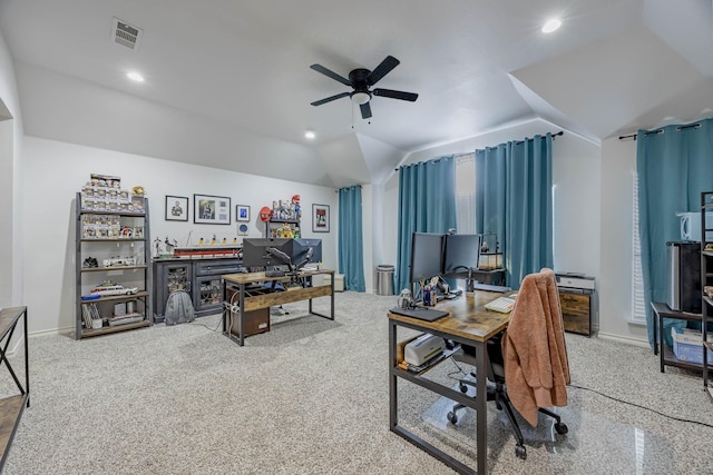 office featuring lofted ceiling, visible vents, a ceiling fan, and recessed lighting