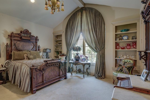 bedroom with lofted ceiling with beams, light colored carpet, and an inviting chandelier