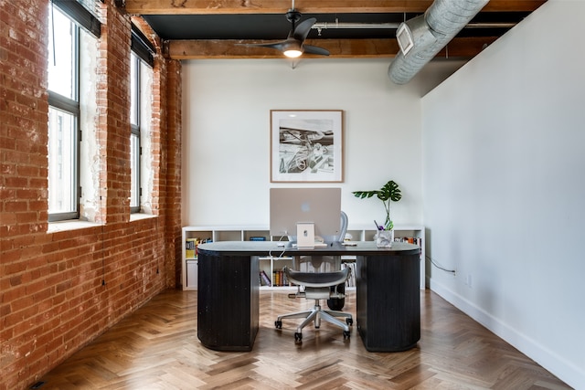 home office featuring parquet floors, beam ceiling, ceiling fan, and brick wall