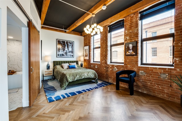 bedroom featuring brick wall, a notable chandelier, beam ceiling, and light parquet floors