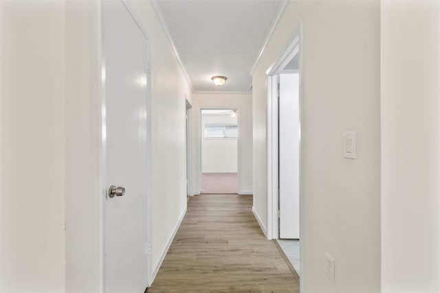 hallway with crown molding and light wood-type flooring