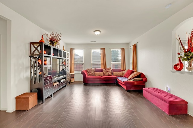 living room with dark wood-type flooring