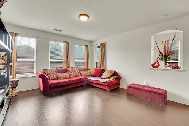 living room with dark wood-type flooring