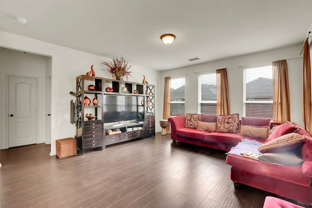 living room with dark wood-type flooring