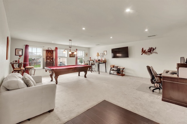 game room with pool table and carpet floors