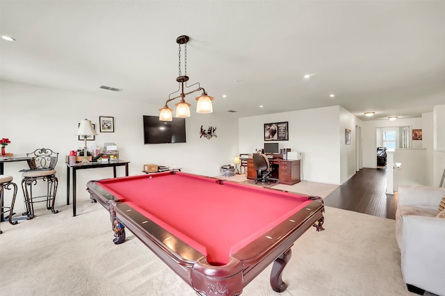 recreation room with billiards and light hardwood / wood-style floors