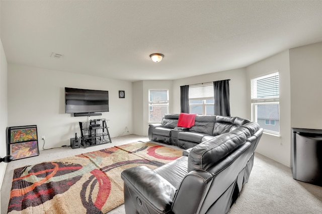 carpeted living room featuring a textured ceiling