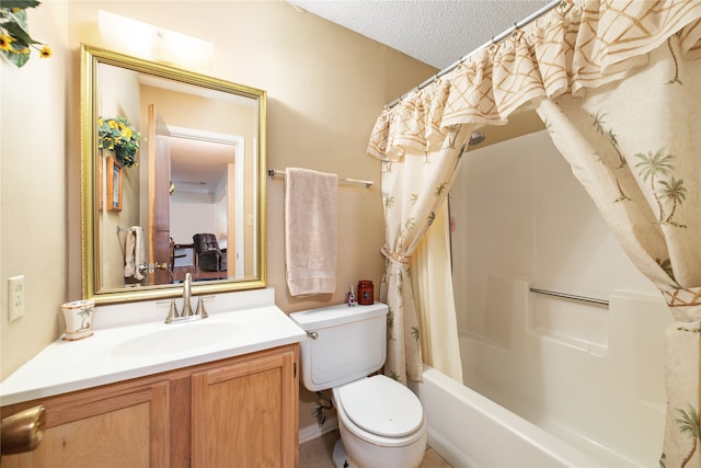 full bathroom with shower / bathtub combination with curtain, toilet, a textured ceiling, and vanity