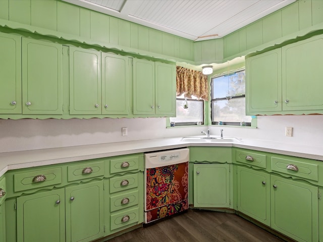 kitchen featuring green cabinets, white dishwasher, dark hardwood / wood-style flooring, and sink