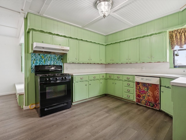 kitchen featuring black gas range oven, wood-type flooring, green cabinets, and white dishwasher