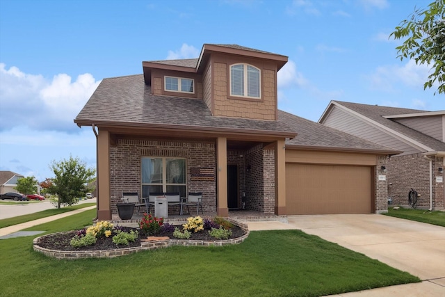 view of front of home with brick siding, driveway, a front yard, and a garage