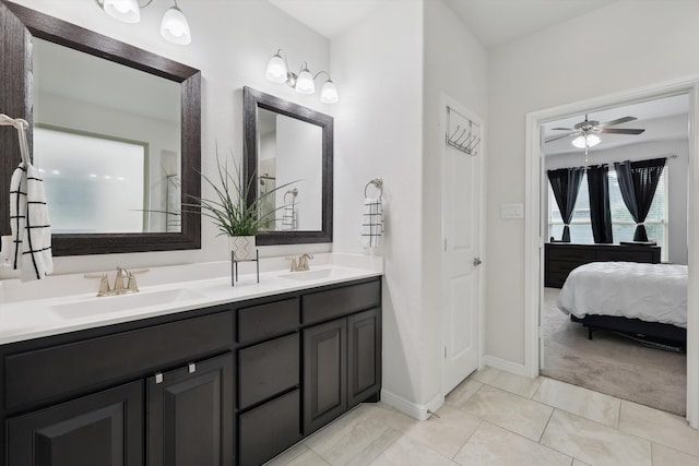 bathroom featuring vanity, ceiling fan, and tile patterned floors