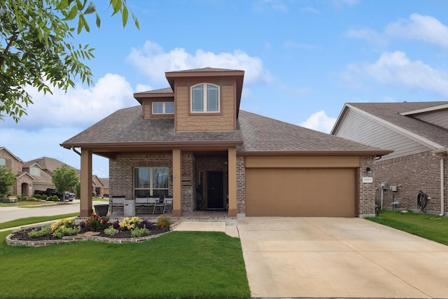 view of front of property with brick siding, a front lawn, an attached garage, and a shingled roof