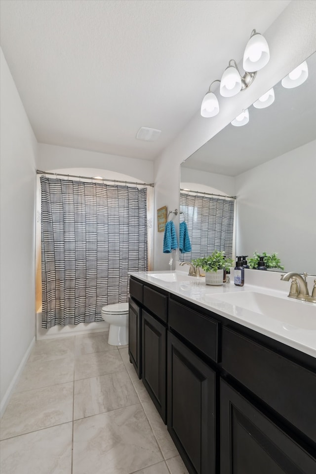 full bathroom with vanity, toilet, and shower / bathtub combination with curtain