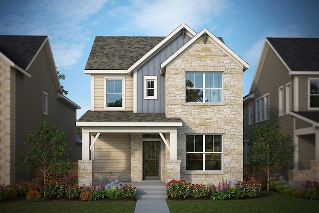 craftsman inspired home with covered porch and a front yard