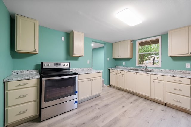 kitchen with cream cabinets, light hardwood / wood-style floors, stainless steel range with electric cooktop, and sink