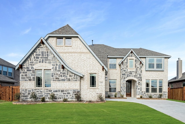 tudor-style house with a front lawn