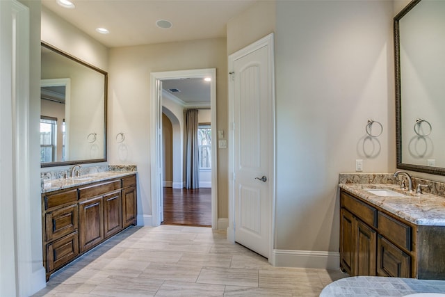 bathroom featuring vanity, ornamental molding, and a healthy amount of sunlight