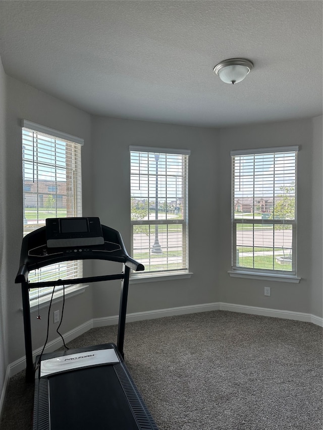 workout area featuring a textured ceiling and carpet