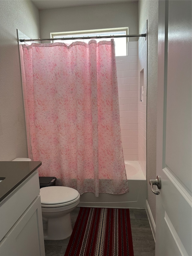 full bathroom with vanity, toilet, hardwood / wood-style floors, and shower / bathtub combination with curtain