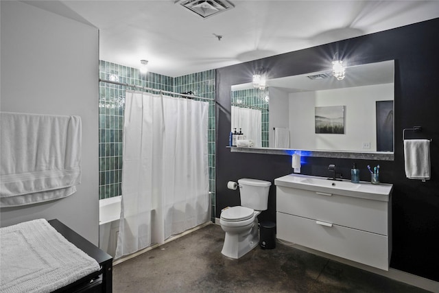 full bathroom featuring vanity, concrete floors, shower / bathtub combination with curtain, and toilet