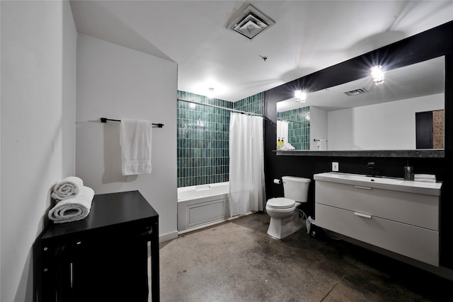 full bathroom featuring vanity, toilet, shower / bath combination with curtain, and concrete floors