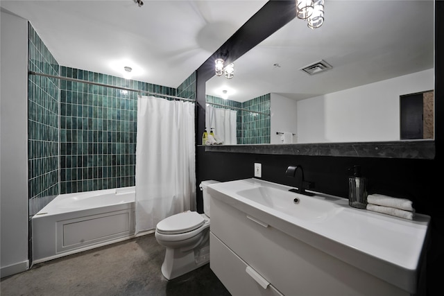 full bathroom with vanity, shower / tub combo, and toilet