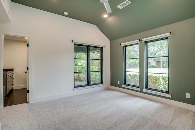 empty room with carpet floors and lofted ceiling