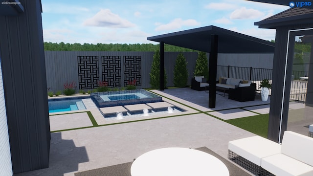 view of swimming pool featuring an in ground hot tub, a patio area, and an outdoor hangout area