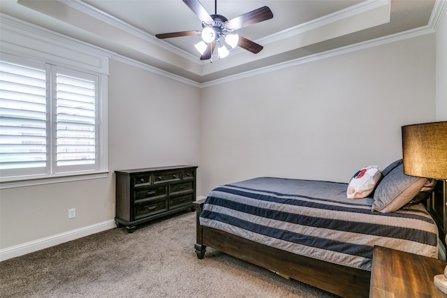 bedroom featuring carpet flooring, ceiling fan, a raised ceiling, and crown molding