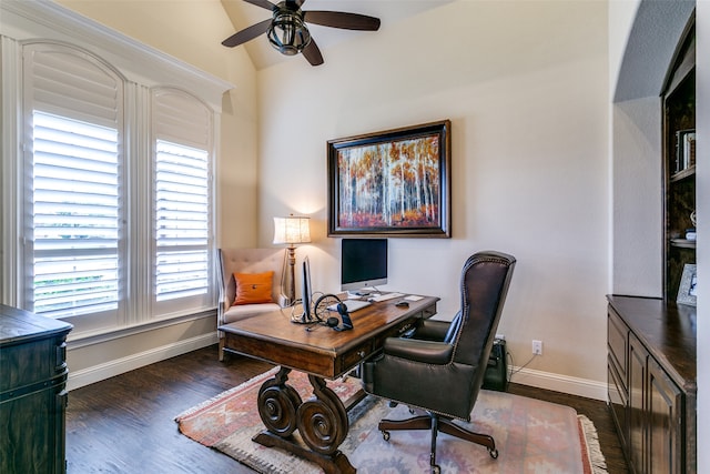 office area with lofted ceiling, ceiling fan, and dark hardwood / wood-style floors