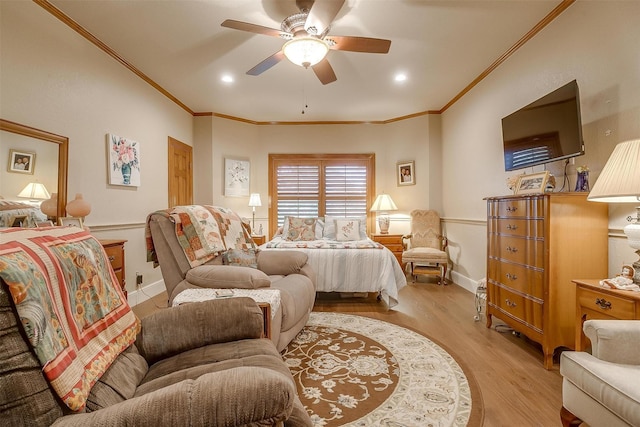 1645 County Road 1105, Rio Vista, TX 76093 - bedroom with recessed lighting, ceiling fan, crown molding, and wood finished floors