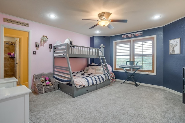 bedroom featuring carpet flooring, ceiling fan, and ornamental molding