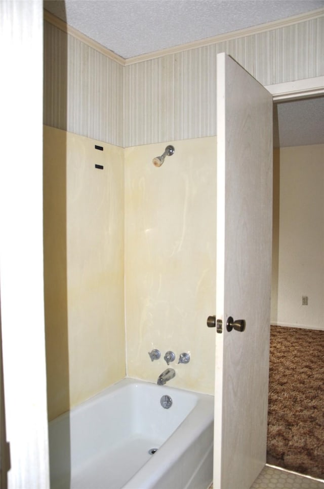 full bath featuring wallpapered walls, shower / tub combination, and a textured ceiling
