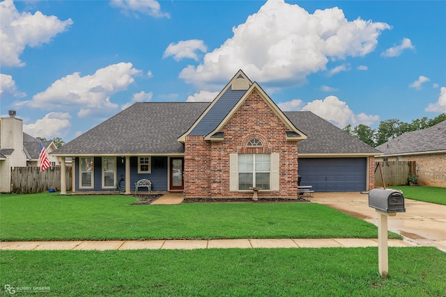 view of property with a garage and a front yard