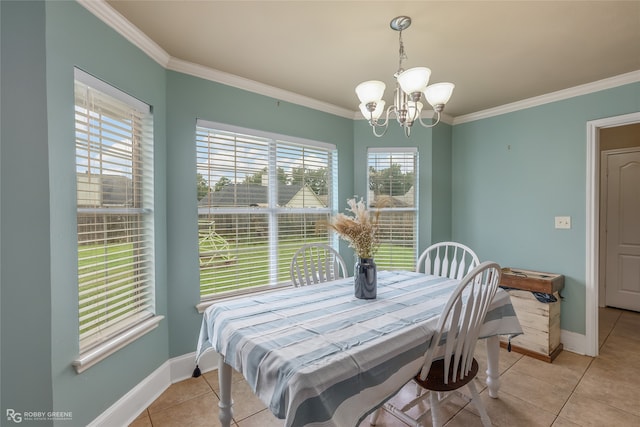 tiled dining space featuring crown molding, a wealth of natural light, and a notable chandelier