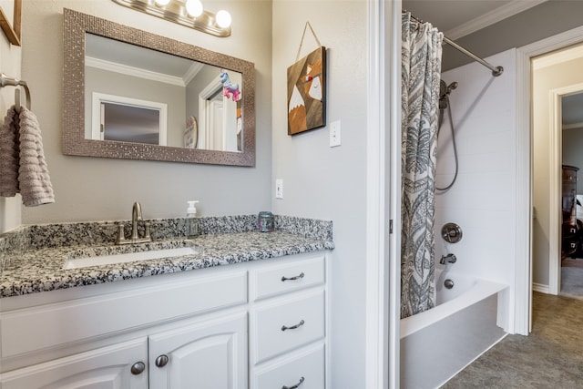 bathroom featuring crown molding, vanity, and shower / bath combo