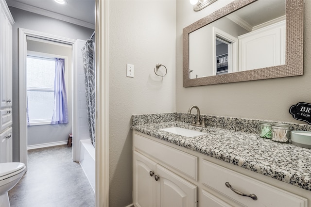 full bathroom with ornamental molding, vanity, toilet, and shower / tub combo with curtain