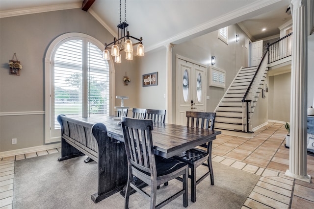 dining space featuring crown molding, light tile patterned floors, an inviting chandelier, and vaulted ceiling with beams