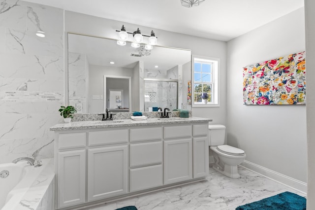 1401 Arp St, Commerce, TX 75428 - full bath featuring marble look tile flooring, a stall shower, toilet, double vanity, and a bathtub