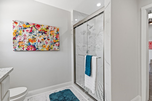 1401 Arp St, Commerce, TX 75428 - full bath featuring marble finish floors, a marble finish shower, baseboards, toilet, and vanity