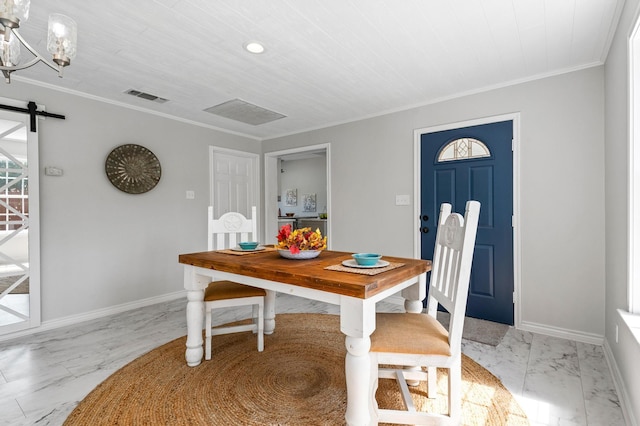 1401 Arp St, Commerce, TX 75428 - dining room featuring marble finish floors, ornamental molding, a barn door, baseboards, and a chandelier