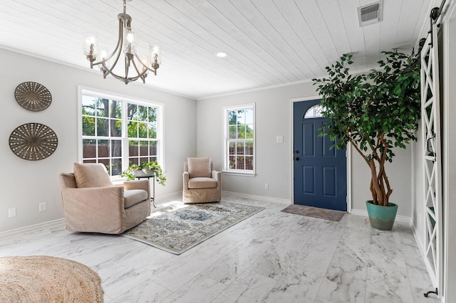 living area featuring wood ceiling, ornamental molding, and a chandelier