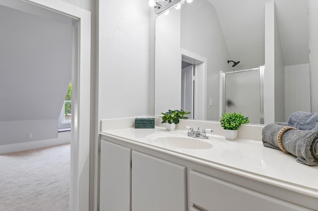 1401 Arp St, Commerce, TX 75428 - full bath featuring vaulted ceiling, a shower stall, and vanity