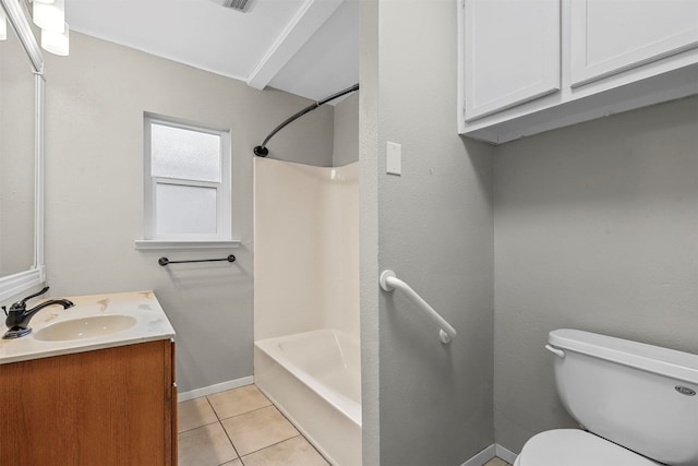 full bathroom featuring bathtub / shower combination, tile patterned flooring, toilet, and vanity