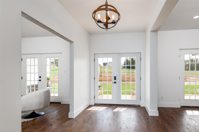 doorway featuring a healthy amount of sunlight, dark wood-type flooring, and french doors