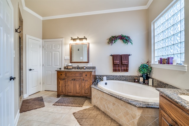 bathroom featuring ornamental molding, vanity, separate shower and tub, and tile patterned floors