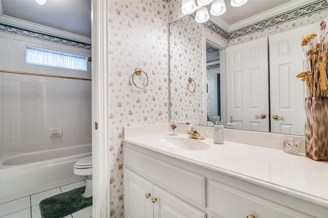 full bathroom with toilet, tile patterned flooring, crown molding, vanity, and shower / washtub combination