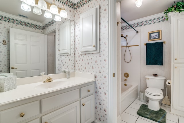 full bathroom featuring crown molding, tile patterned floors, toilet, bathing tub / shower combination, and vanity